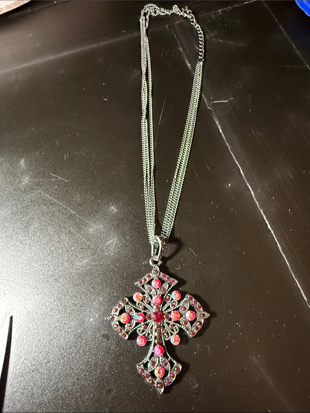 Rhinestone Cross Pendant Necklace - Pink Accents